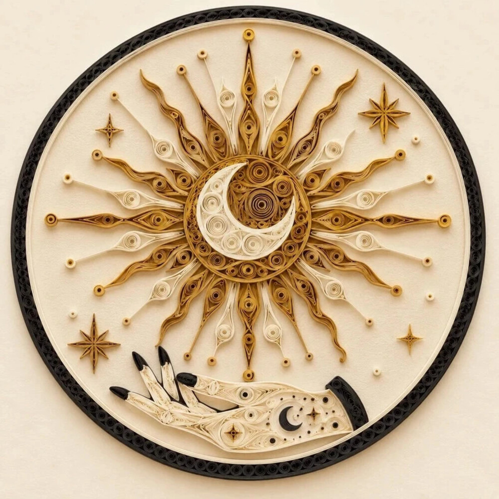 8x8 Framed Celestial Sun Moon Hand Quilling Art Print